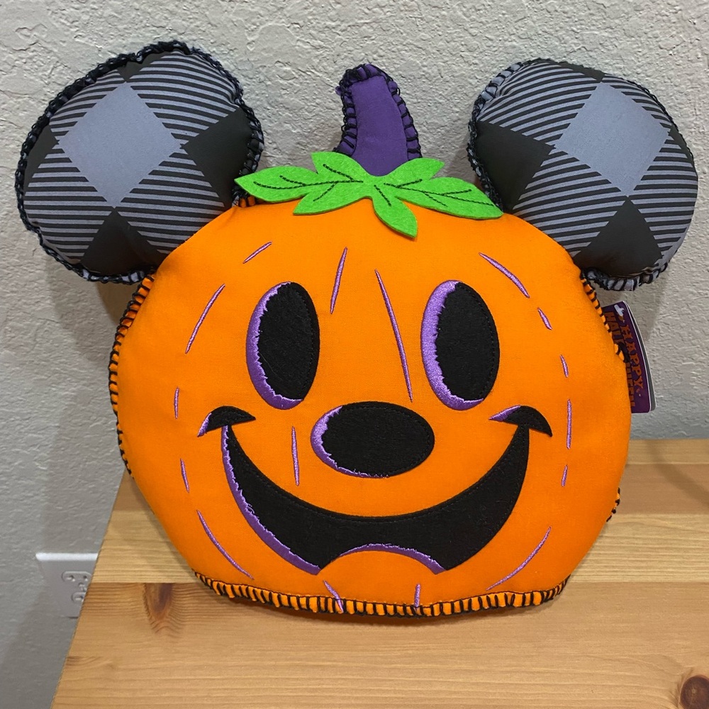 Disney Parks Mickey Halloween Pumpkin Pillow NEW